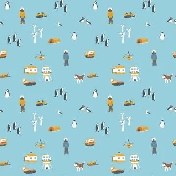 Polar station seamless pattern. Cute Cartoon arctic animals background. Vecto Stock Illustration