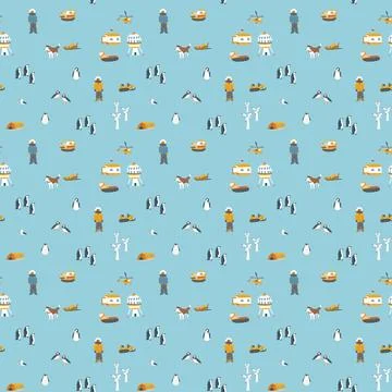 Polar station seamless pattern. Cute Cartoon arctic animals background. Vecto Stock Illustration