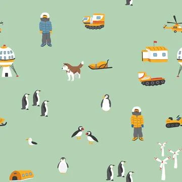 Polar station seamless pattern. Cute Cartoon arctic animals background. Vecto Stock Illustration