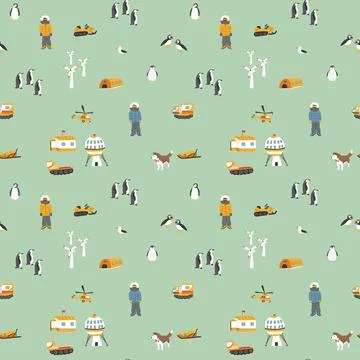 Polar station seamless pattern. Cute Cartoon arctic animals background. Vec.. Stock Illustration