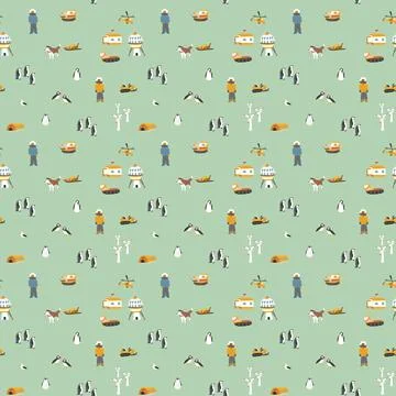 Polar station seamless pattern. Cute Cartoon arctic animals background. Vecto Stock Illustration