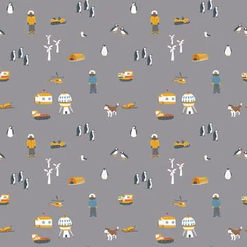 Polar station seamless pattern. Cute Cartoon arctic animals background. Vecto Stock Illustration