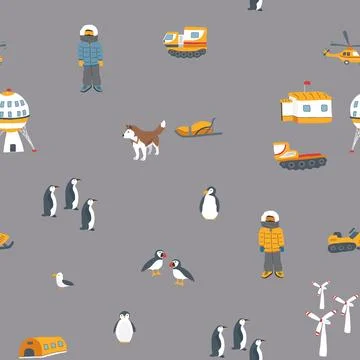 Polar station seamless pattern. Cute Cartoon arctic animals background. Vecto Stock Illustration