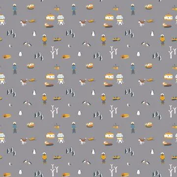 Polar station seamless pattern. Cute Cartoon arctic animals background. Vecto Stock Illustration