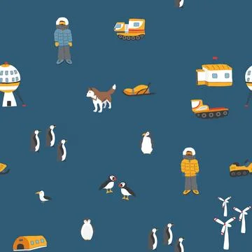 Polar station seamless pattern. Cute Cartoon arctic animals background. Vecto Stock Illustration