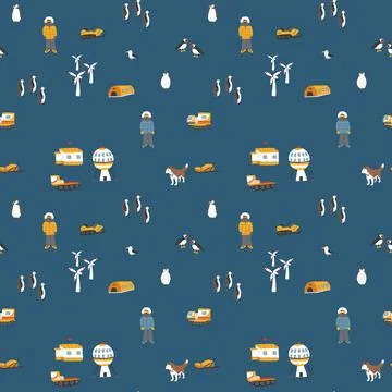 Polar station seamless pattern. Cute Cartoon arctic animals background. Vecto Stock Illustration