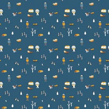 Polar station seamless pattern. Cute Cartoon arctic animals background. Vecto Stock Illustration