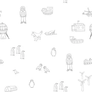 Polar station seamless pattern. Cute Cartoon arctic animals background. Vec.. Stock Illustration
