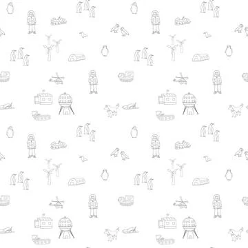 Polar station seamless pattern. Cute Cartoon arctic animals background. Vecto Stock Illustration