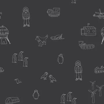 Polar station seamless pattern. Cute Cartoon arctic animals background. Vecto Stock Illustration