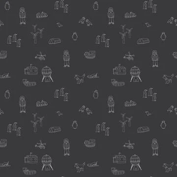 Polar station seamless pattern. Cute Cartoon arctic animals background. Vecto Stock Illustration