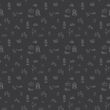 Polar station seamless pattern. Cute Cartoon arctic animals background. Vecto Stock Illustration