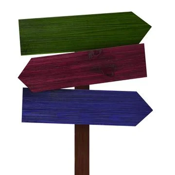 Pole with colorful arrow-shaped pointers isolated on white Stock Photos