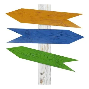 Pole with colorful arrow-shaped pointers isolated on white Stock Photos