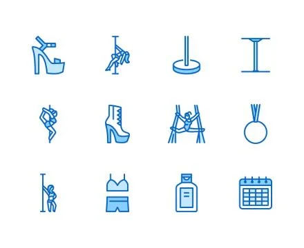 Pole dance flat line icons set. Sexy girl dancing, stripper high heels shoe Illustrazione stock