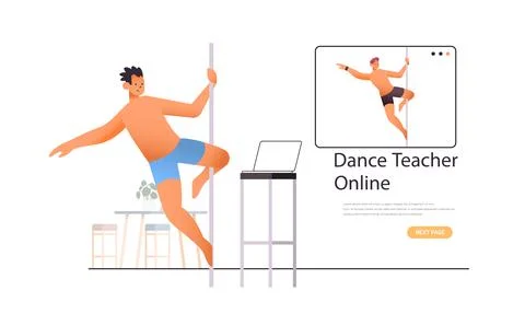 Pole dance man doing dancing exercises on pilon with dance teacher in web Illustrazione stock