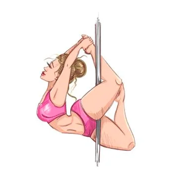 Pole dance. Postures for pole dancing. A blonde girl in a pink tracksuit on a Stock Illustration