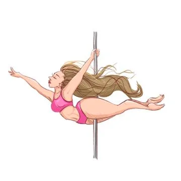 Pole dance. Postures for pole dancing. A blonde girl in a pink tracksuit on a Stock Illustration