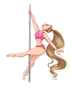 Pole dance. Postures for pole dancing. A blonde girl in a pink tracksuit on a Stock Illustration