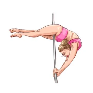 Pole dance. Postures for pole dancing. A blonde girl in a pink tracksuit on a Illustrazione stock