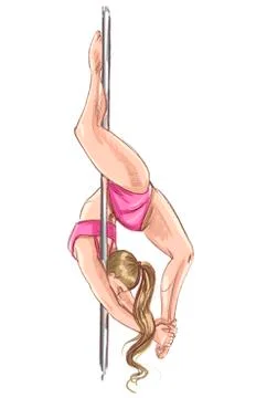 Pole dance. Postures for pole dancing. A blonde girl in a pink tracksuit on a Stock Illustration