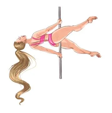 Pole dance. Postures for pole dancing. A blonde girl in a pink tracksuit on a Stock Illustration
