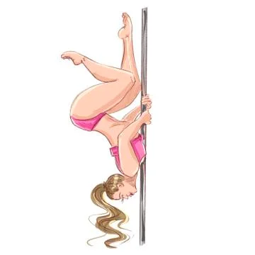 Pole dance. Postures for pole dancing. A blonde girl in a pink tracksuit on a Stock Illustration