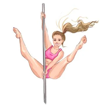 Pole dance. Postures for pole dancing. A blonde girl in a pink tracksuit on a Stock Illustration