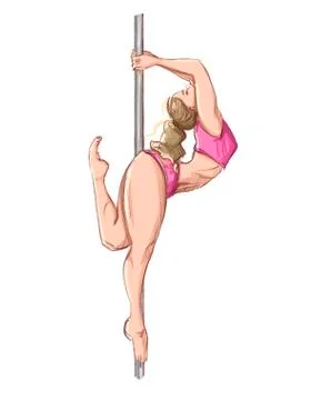 Pole dance. Postures for pole dancing. A blonde girl in a pink tracksuit on a Stock Illustration
