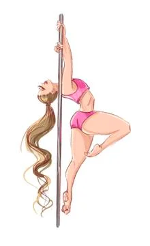Pole dance. Postures for pole dancing. A blonde girl in a pink tracksuit on a Stock Illustration