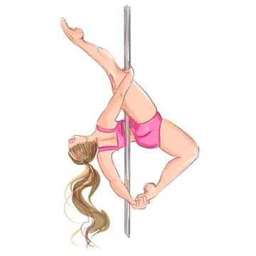 Pole dance. Postures for pole dancing. A blonde girl in a pink tracksuit on a Stock Illustration