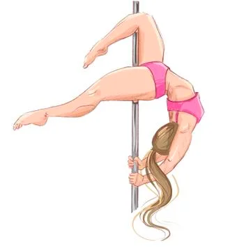 Pole dance. Postures for pole dancing. A blonde girl in a pink tracksuit on a Stock Illustration