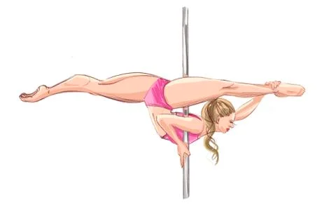 Pole dance. Postures for pole dancing. A blonde girl in a pink tracksuit on a Stock Illustration