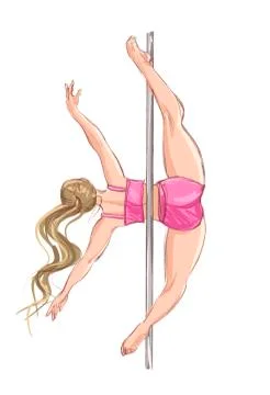 Pole dance. Postures for pole dancing. A blonde girl in a pink tracksuit on a Stock Illustration