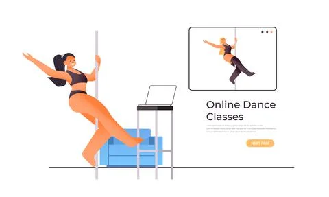 Pole dance woman doing dancing exercises on pilon with dance teacher in web Illustrazione stock