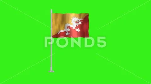 Pole Flag of Bhutan, Bhutan Pole flag waving in the wind on Green ...