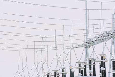 Pole frames and wires in substations Stock Photos