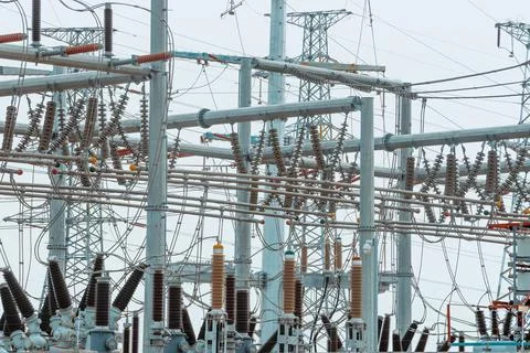 Pole frames and wires in substations Stock Photos