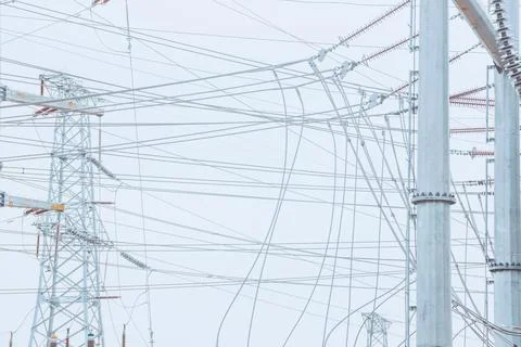 Pole frames and wires in substations Stock Photos