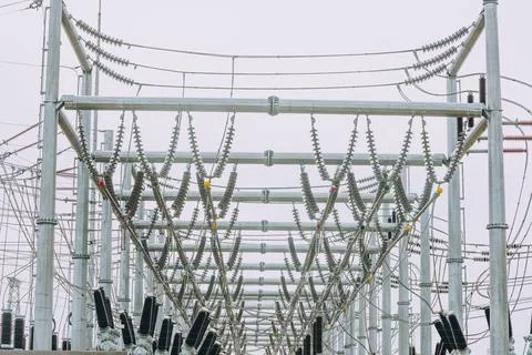 Pole frames and wires in substations Stock Photos