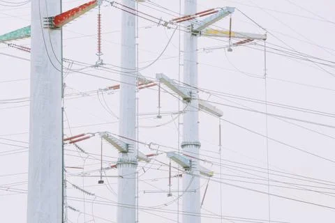 Pole frames and wires in substations Stock Photos