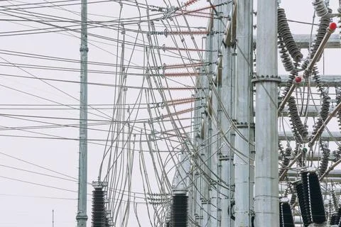 Pole frames and wires in substations Stock Photos