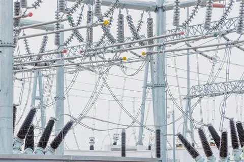 Pole frames and wires in substations Stock Photos