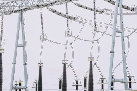 Pole frames and wires in substations Stock Photos