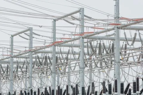 Pole frames and wires in substations 스톡 사진