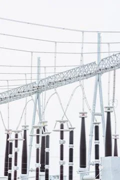 Pole frames and wires in substations Stock Photos