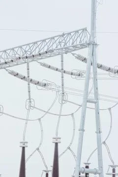 Pole frames and wires in substations Foto stock