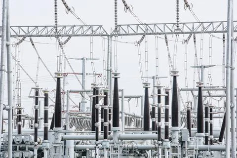 Pole frames and wires in substations Stock Photos