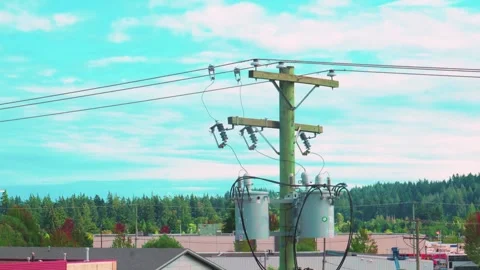 Pole mounted electrical transformers on suburban utility line grid Stock Footage 340006135