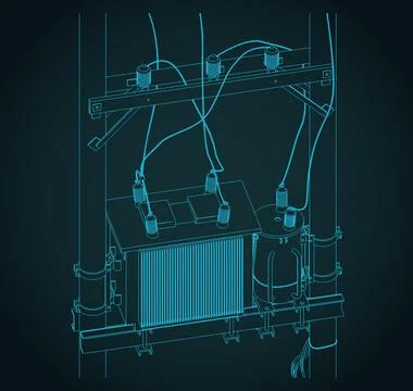 Pole mounted transformer isometric technical drawing 스톡 일러스트